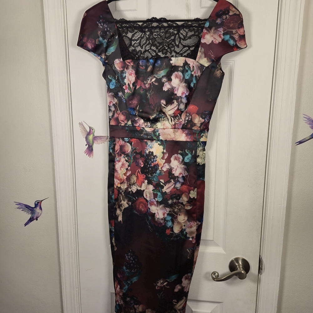 Just Cavalli Floral Satin Lace Cap Sleeve Sheath Dress IT 38 US XS - Picture 2 of 8